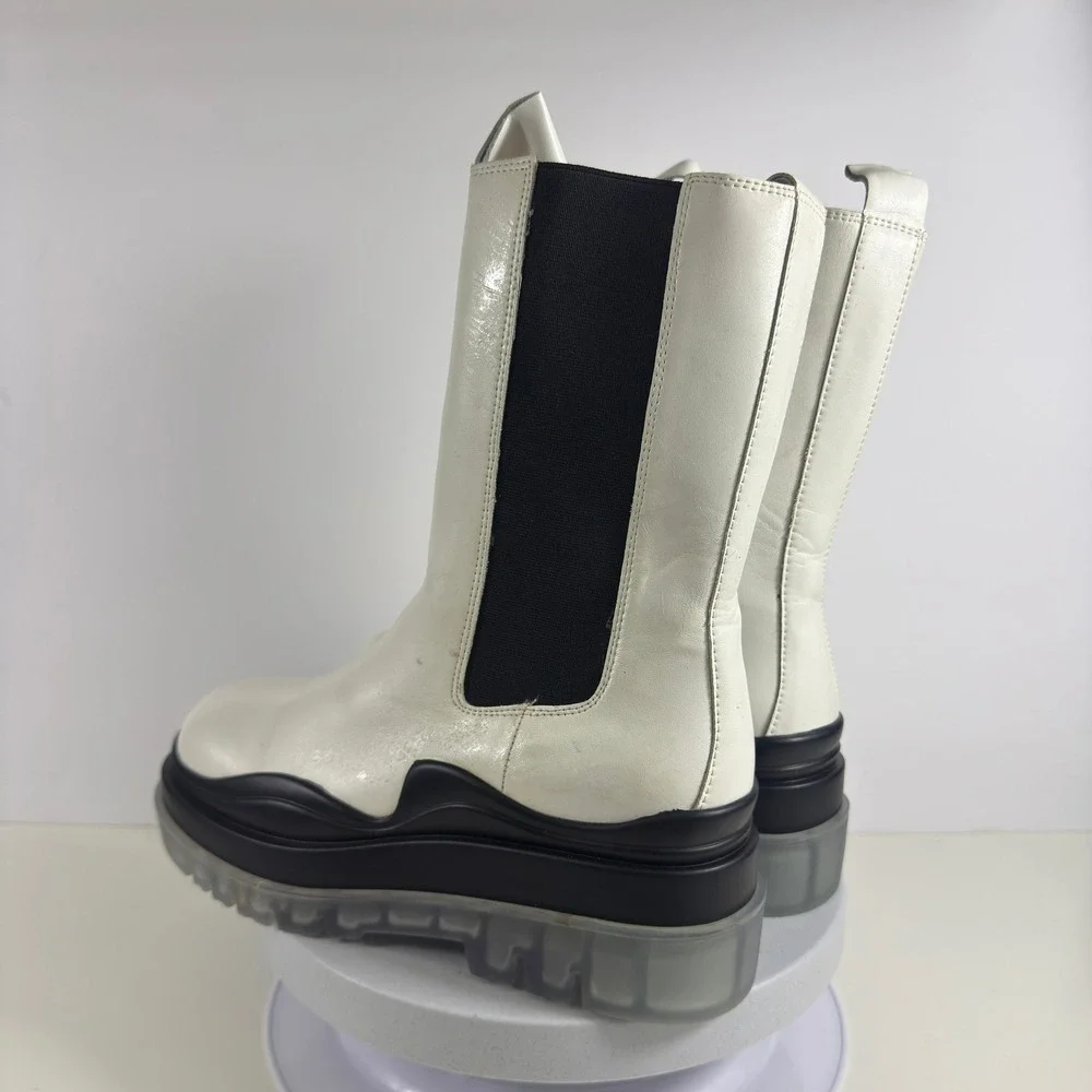 White Leather Platform Chelsea Boots Chunky Lug Sole Mid‎ Calf Womens Size 7